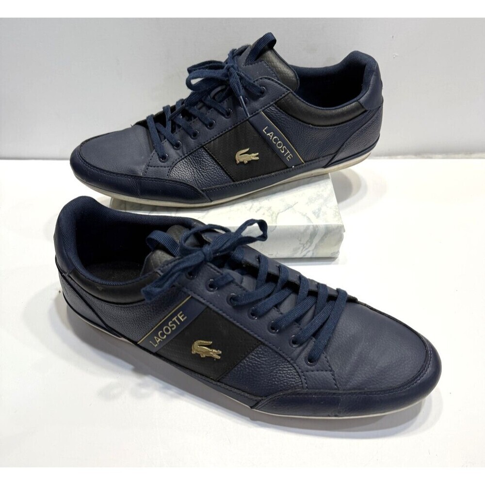 Lacoste Shoes Mens Size 13 Navy Blue Leather Low Top Casual Sneakers Gold Logo